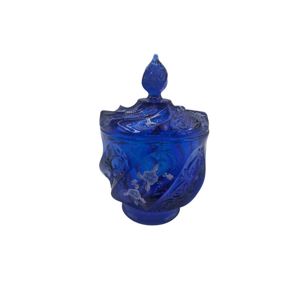 Fenton Glass HP Artist Signed Cobalt Blue Paisley Swirl Candy Jar & Lid - Picture 12 of 16